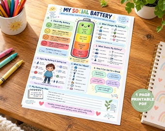 My Social Battery Worksheet for Kids, ADHD Autism Emotional Regulation (PDF)