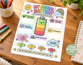 My Social Battery Activity for Kids, Emotional Regulation Worksheet (Digital Download)