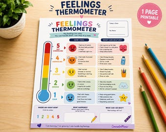 Feelings Thermometer for Kids, Emotional Regulation Worksheet (PDF)