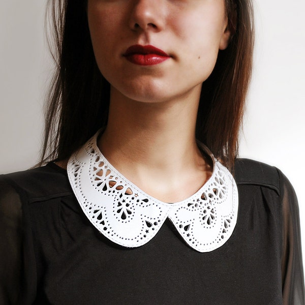 Leather lace collar necklace, White Peter Pan detachable collar necklace