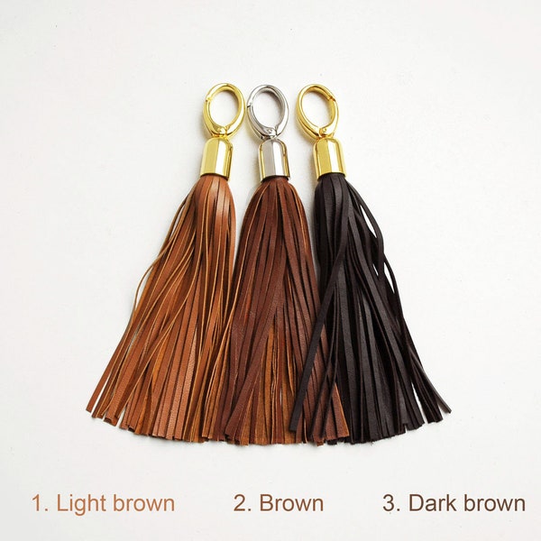 Leather tassel keychain, Long tassel, Brown tones