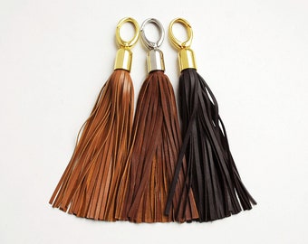 Leather tassel keychain, Long tassel, Brown tones