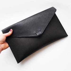 Leather envelope clutch bag, Minimal black clutch