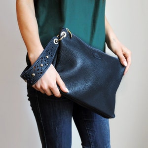 Leather wristlet clutch, Navy clutch bag with luxurious wrist strap image 7