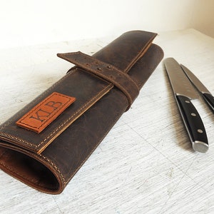 Leather knife roll, Personalized chefs knife Case, Dark brown leather chefs Roll