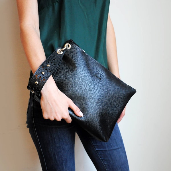 Black leather clutch, Wristlet clutch with luxurious wrist strap