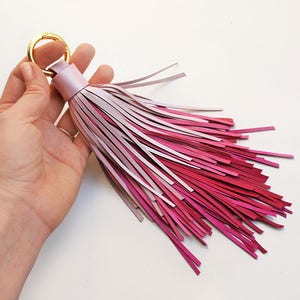 Ombre leather tassel keychain, Large tassel, Pink tones