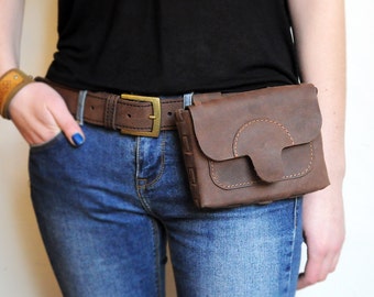 Belt bag. Leather hip bag, Brown festival bag