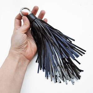 Multicolored jumbo leather tassel keychain, Big decorating tassel for purse, Navy and black boho tassel