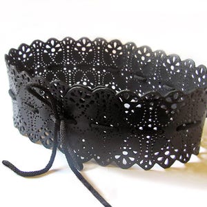 Wide, black leather lace belt, Obi belt for womens image 2