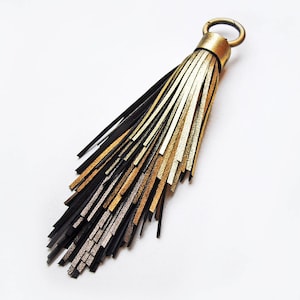 Gold leather tassel keychain , Metallic large tassel bag charm, Elegance eye catching tassell decor