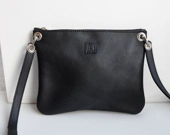 Black leather crossbody bag with zipper pocket, Black leather bag, Cross body purse