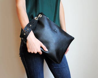 Black leather clutch, Wristlet clutch with luxurious wrist strap