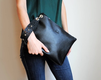 Black leather clutch, Wristlet clutch with luxurious wrist strap