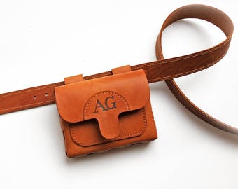 Personalized belt bag. Leather hip bag, Brown festival bag