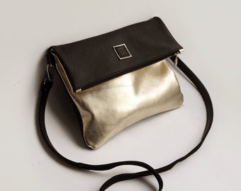 Fold over leather bag, Gold and black leather cross body bag