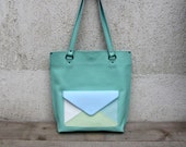 Leather tote with envelope pocket, Mint leather tote, Pastel womens shopping bag