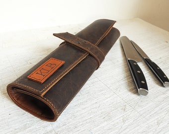 Leather knife roll, Personalized chefs knife Case, Dark brown leather chefs Roll