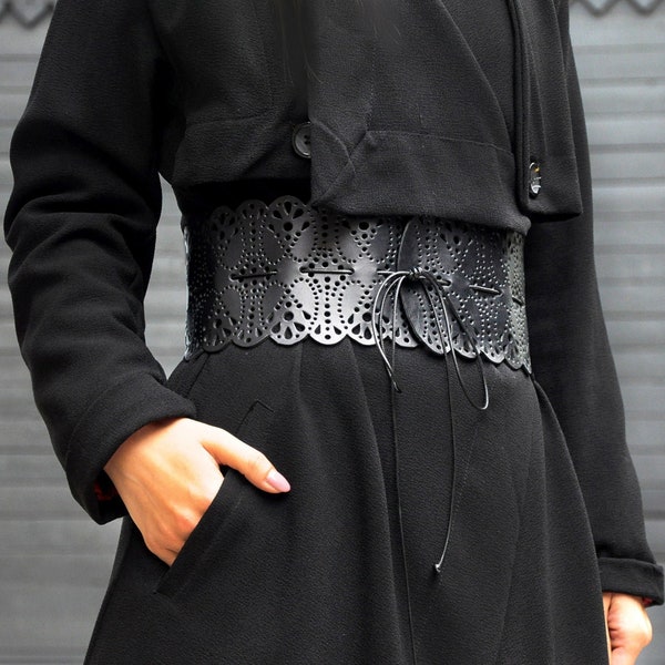Wide, black leather lace belt, Obi belt for womens