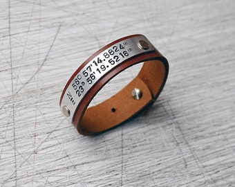 Leather personalized bracelet, Coordinate bracelet. Custom latitude longitude leather cuff