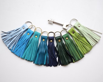 Leather Tassel Keychain, Blue, Turquoise, Green colors, Leather key fob