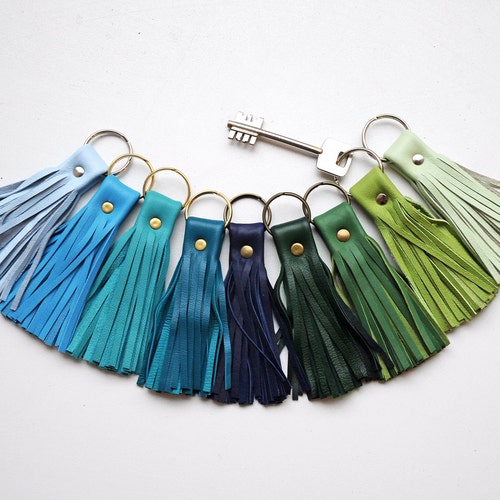 Leather Tassel Keychain Blue Turquoise Green Colors Etsy