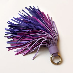 Ombre leather tassel keychain in purple tones. Large tassel bag charm