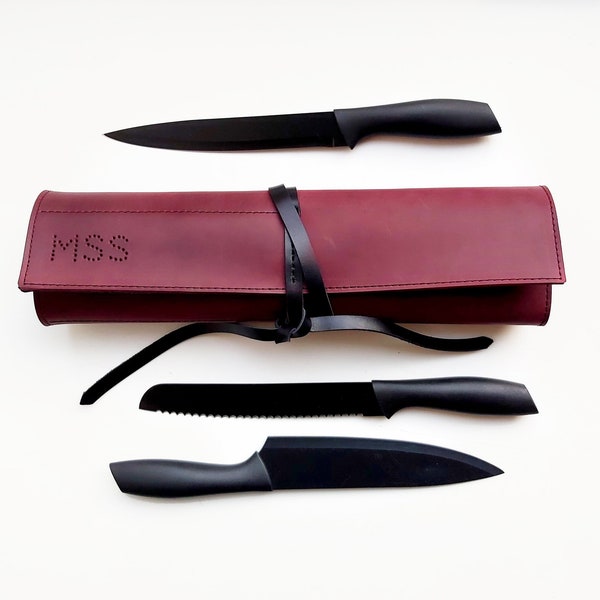 Personalized leather chefs knife roll, Burgundy leather knife case