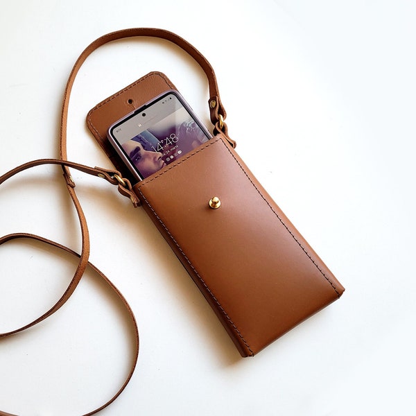 Sac en cuir pour téléphone portable avec bandoulière et poche pour cartes, étui marron pour iPhone