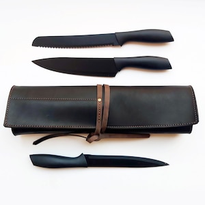 Black leather chefs knife roll, Personalized knife Case, Leather chefs bag 画像 1