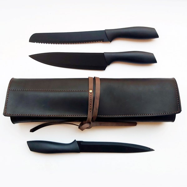 Rouleau de couteaux de chef en cuir noir, étui à couteaux personnalisé, sac de chef en cuir