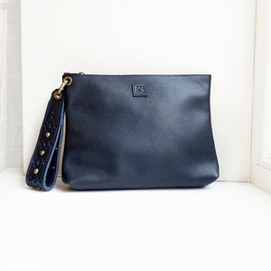 Leather wristlet clutch, Navy clutch bag with luxurious wrist strap image 2