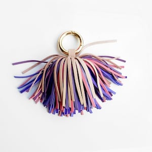 Leather pom pom tassel keychain, Soft pastel tones tassel