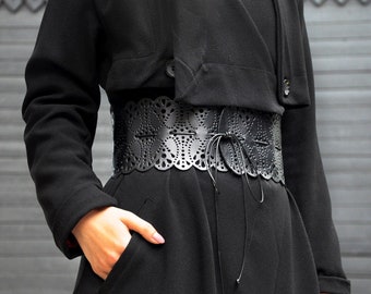 Large ceinture en cuir noir à lacets, ceinture Obi pour femme