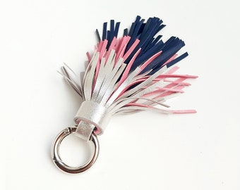 Silver, pink and navy ombre tassel keychain, Leather large tassel