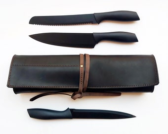Black leather chefs knife roll, Personalized knife Case, Leather chefs bag