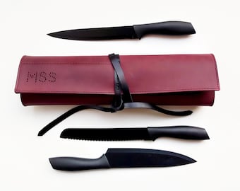 Personalized leather chefs knife roll, Burgundy leather knife case