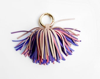 Leather pom pom tassel keychain, Soft pastel tones tassel