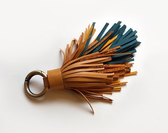 Large leather tassel keychain, Mustard and petrol color tassel bag charm