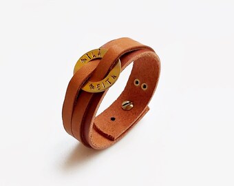 Customized leather bracelet with engraved metal ring, Personalized brown leather bracelet