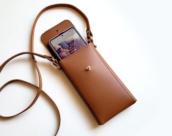 Leather mobile phone bag with crossbody strap and card pocket, Brown iPhone case