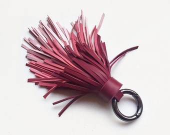 Ombre leather tassel keychain, Large tassel, Burgundy tones