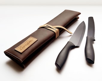 Leather chefs knife roll, 2 slots, Personalized chefs bag