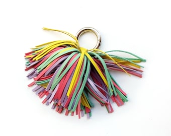 Leather pom pom tassel keychain, Multicolor waterfall tassel