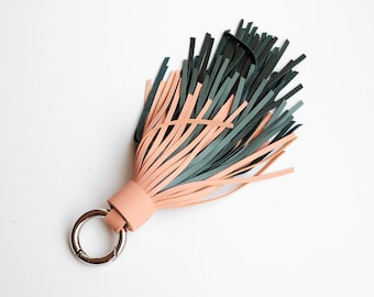 Leather tassel keychain, Large tassel, Peach and teal tones