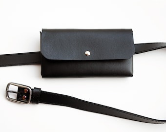 Leather slim belt bag, Black bum bag, Phone waist bag