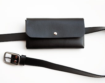 Leather slim belt bag Black bum bag Phone waist bag