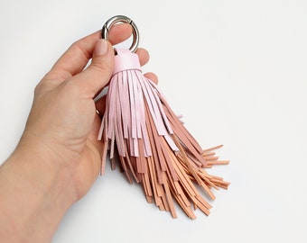 Soft pink leather tassel keychain, Large tassel bagcharm for purse. Custom colors available