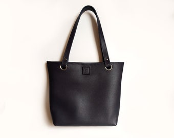 Bolso tote de piel negra, bolso de estilo clásico con inserto organizador de tela.