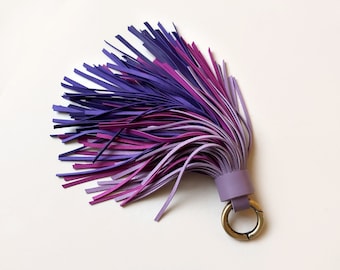 Ombre leather tassel keychain in purple tones. Large tassel bag charm